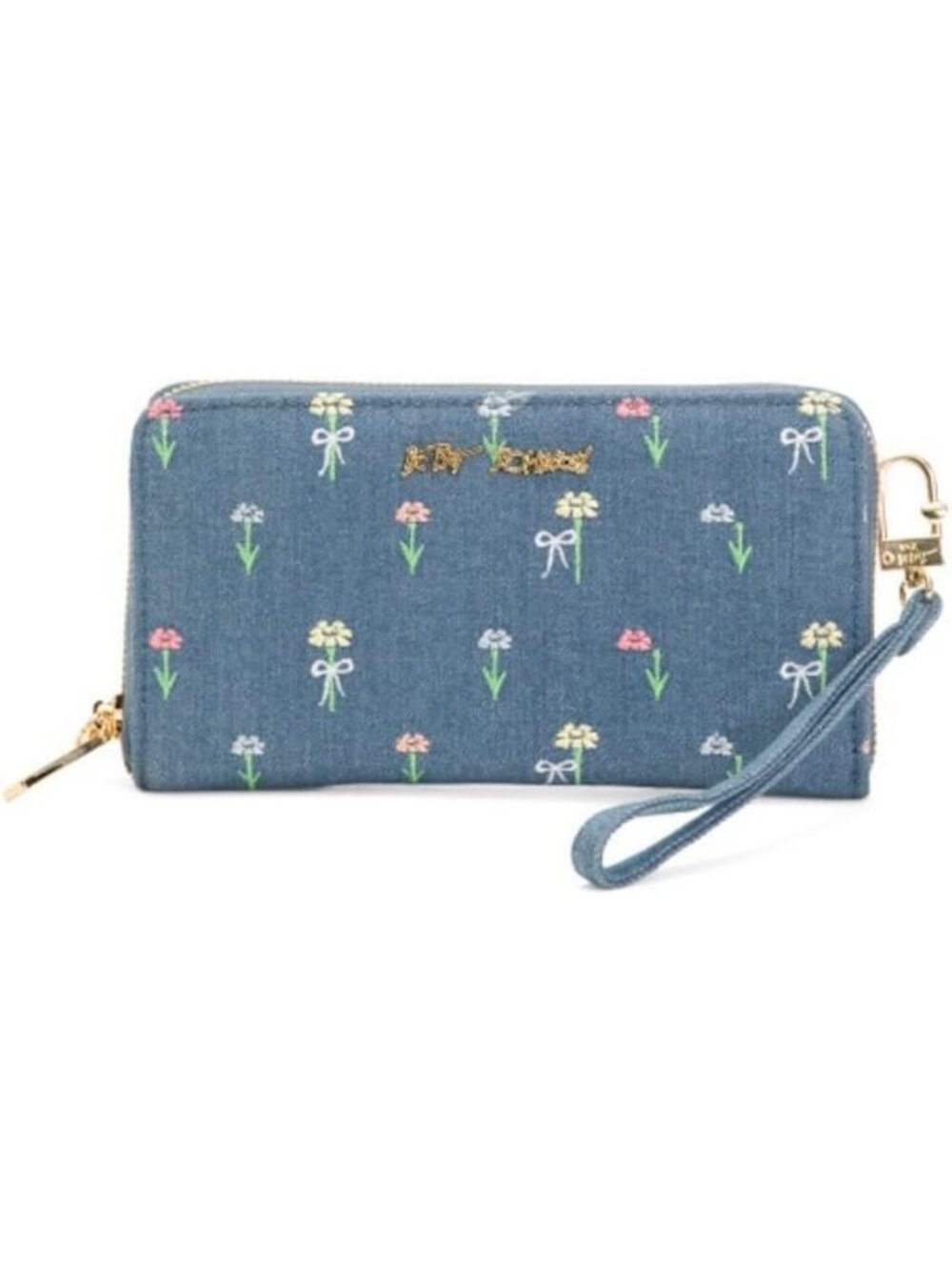 Floral Embroidered Denim Zip Wallet with Wristlet Strap - Stylish Blue